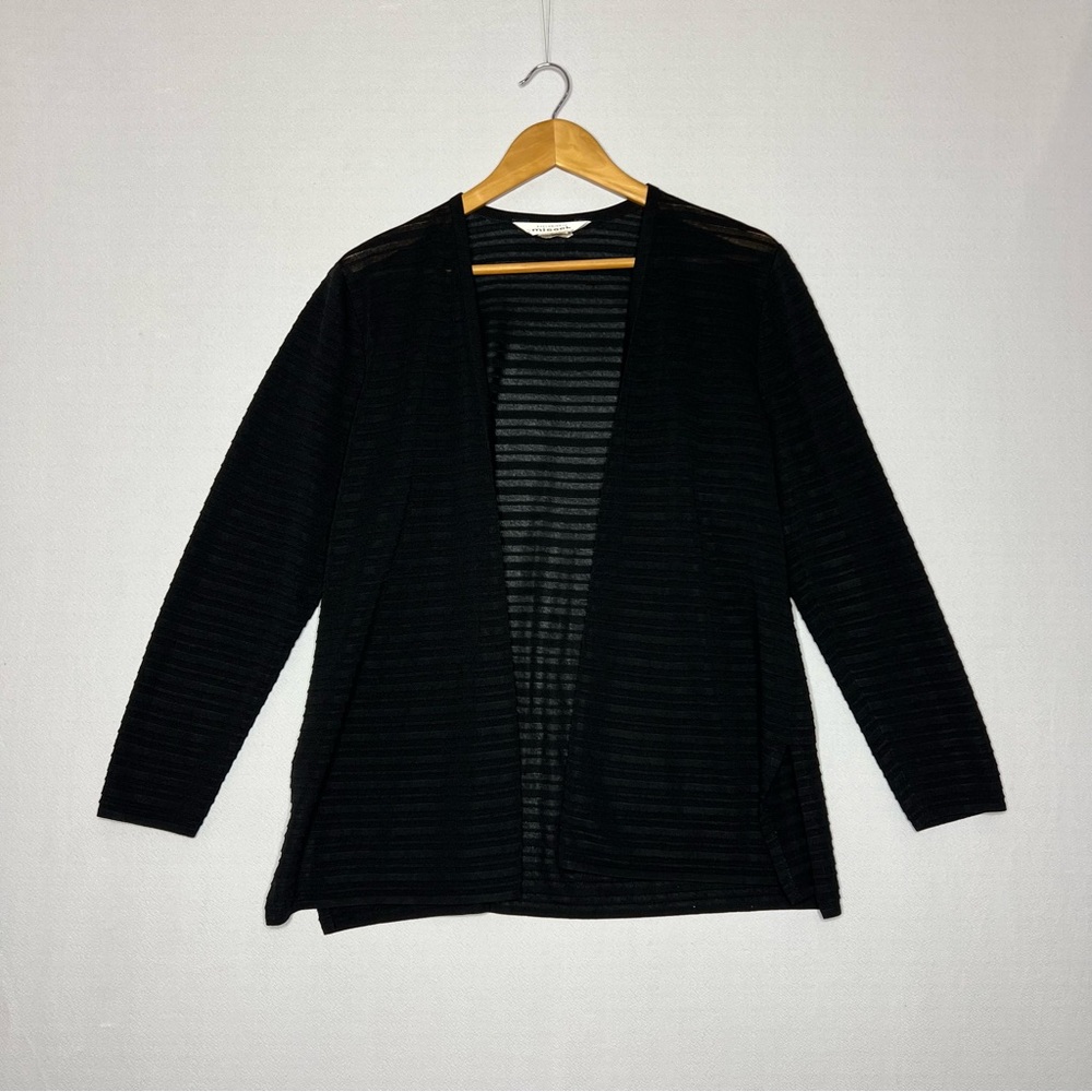 Exclusively Misook Black Acrylic Long Sleeve Open Front Stripe Cardigan Size L